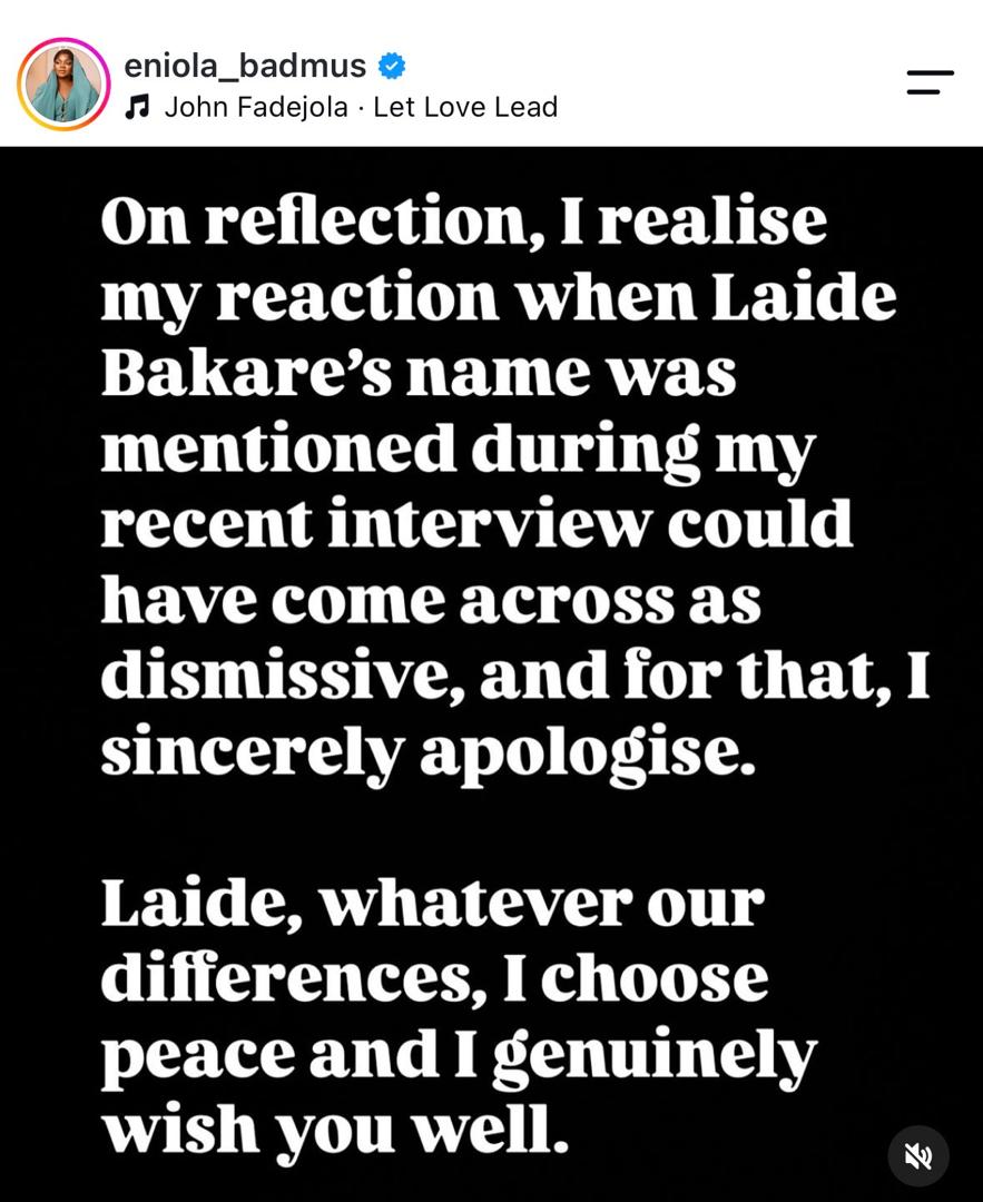 Actress Laide Bakare reject Eniola Badmus’s public apology, tags it “fake”